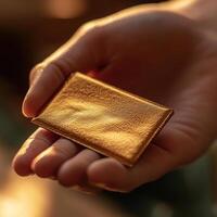 a hand holding a gift card up close, very elegant, modelesque, with sunlit lighting and hues of brown, hyper realism, photorealism, photo