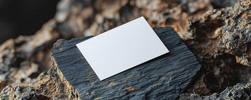 a composition of blank white business card hovering partially over a surface The surface is slab of dark rock and wood on a split color background The card is center and in focus o photo