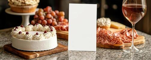 a granite clean tabletop with a blank white vertical 5x7 card next to charcuterie board and white cake with traditional pipiing photo