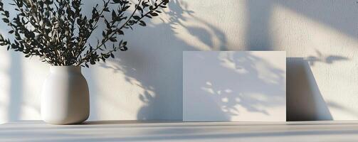 a greeting card on a table, simple white room, nature vibes for a mock up, no sun photo