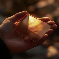 a hand holding a gift card up close, very elegant, modelesque, with sunlit lighting and hues of brown, hyper realism, photorealism, photo