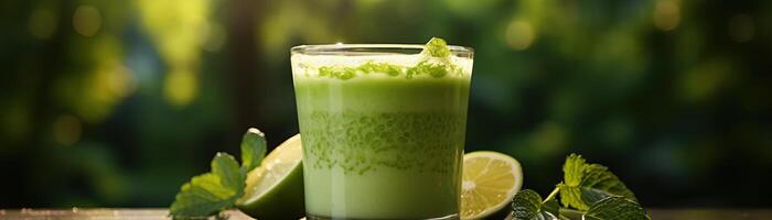 A glass of fresh green smoothie with lime and mint on a wooden table with a blurred background of foliage. photo