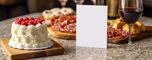 a granite clean tabletop with a blank white vertical 5x7 card next to charcuterie board and white cake with traditional pipiing photo