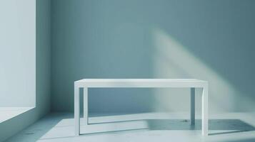A single white table sits in the center of an empty blue room. photo