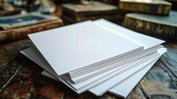 8 pieces of white blank paper scattered on a table photo