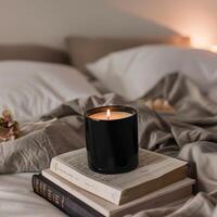 A black candle burning on a stack of books in a bed with white sheets and gray comforter. photo