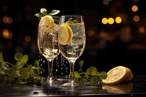 Two champagne glasses with lemon wedges and mint on a dark background. photo