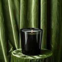 A black candle is burning on a green velvet cloth. The candle is in a clear glass holder. There is a green curtain in the background. photo