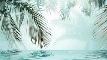 Green palm leaves against a blurred background with a blue-green gradient. photo