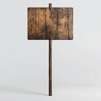 A wooden sign on a post with a white background photo