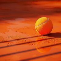 A close-up of a wet tennis ball on an orange clay court photo