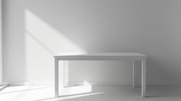 A single white table sits in the center of a white room with a single window. photo