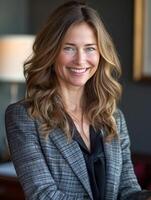 A photo of a beautiful woman with long brown hair, blue eyes, and a warm smile. She is wearing a grey suit jacket.