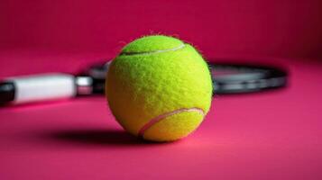 A green tennis ball on a pink background with a tennis racket in the background. photo