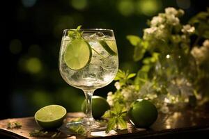Gin and tonic with lime and mint in a glass with ice. photo