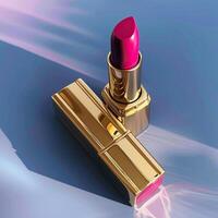 A close-up image of a hot pink lipstick in a gold case. The lipstick is lying on a reflective surface. photo