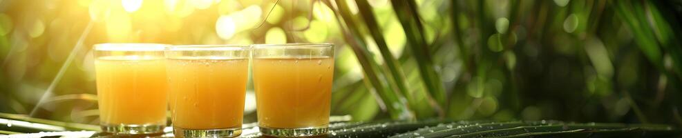 Three glasses of fresh orange juice with blurred palm trees in the background photo