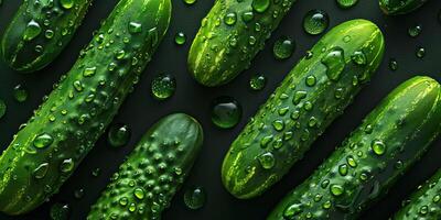 Fresh organic cucumbers with water drops on a black background. photo