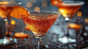 Orange cocktail with orange slice in glass on dark background with blurred lights and water drops. photo