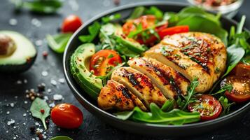 A delicious and healthy meal of grilled chicken breast, avocado, and tomato salad with balsamic vinegar and olive oil. photo
