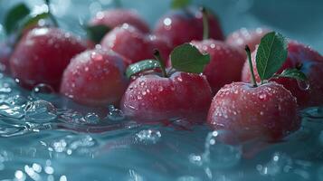 A group of red apples floating in water with green leaves photo