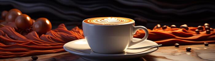 Cappuccino with beautiful latte art on a marble table. photo