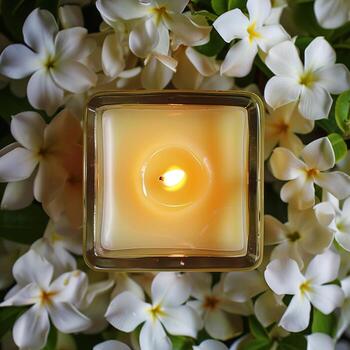 A lit candle surrounded by white flowers. photo