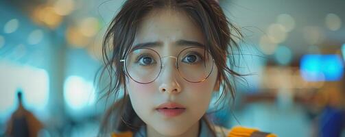 A photo of a beautiful young woman with glasses looking at the camera with a slightly worried expression on her face.