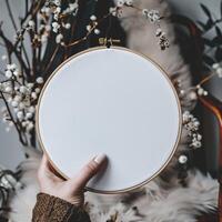 An embroidery hoop held in front of a white background with a woman's hand holding it. The hoop is made of wood and has a white fabric stretched over it. The fabric is slightly wrinkled. photo