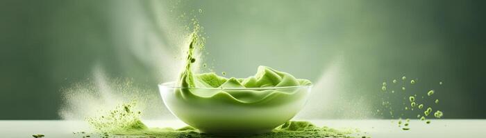 Green tea powder in a white bowl with green background photo