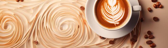 Cappuccino with tulip latte art on a table with coffee beans. photo