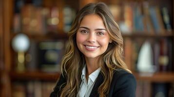 A young female lawyer stands in a library, smiling at the camera. She is wearing a white blouse and black suit jacket. photo
