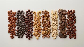 A variety of nuts and seeds are arranged in lines on a white background. photo