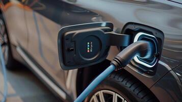 Close up of a hand plugging in an electric car charger into the vehicle. photo