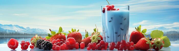Blue raspberry smoothie with fresh berries on a table overlooking a mountain lake photo
