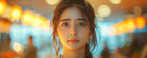 A photo of a beautiful young woman looking at the camera with a surprised expression on her face.