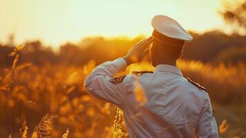 A soldier stands at attention in a field of wheat, saluting the setting sun. photo
