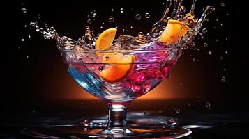 A martini glass with a blue and purple liquid. Two orange slices are falling into the glass and splashing the liquid. photo