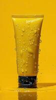 A yellow tube of lotion with a black cap is sitting on a reflective surface. Water droplets are falling on and splashing off of the tube. photo