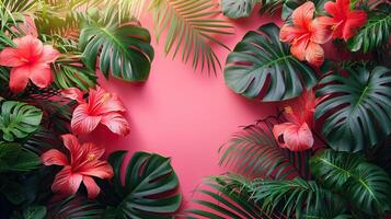 Pink background with green leaves and red flowers. photo
