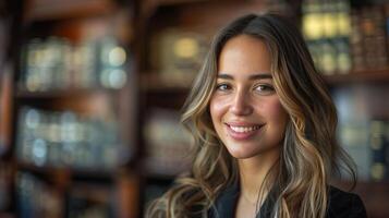 A young woman with long brown hair and brown eyes is smiling in a library. She is wearing a black suit jacket. photo
