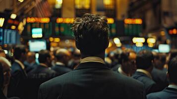 A man in a suit stands in a crowded trading room, looking at the stock market ticker. photo
