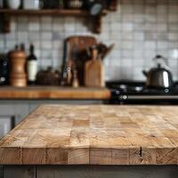 A wooden table in a kitchen setting with a blurred background. photo
