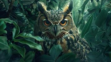 A majestic owl with piercing eyes hidden amongst lush green foliage, captured in a mysterious and enchanting setting. photo