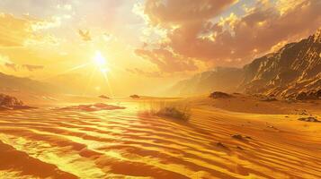 beautiful sunset in the middle of a vast desert. The warm colors of the sky and the sand create a peaceful and serene atmosphere. photo