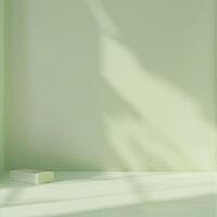 3D rendering of a green room with a single white cube in the center photo