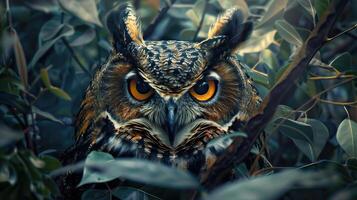 Close-up of an owl with piercing eyes, camouflaged amidst dense foliage, showcasing the beauty of nature and wildlife. photo