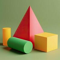 3D shapes, including a red pyramid, a green cylinder, a yellow cube, and a yellow cylinder photo