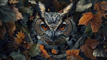 Close-up of a nocturnal owl with piercing eyes surrounded by autumn leaves, evoking a mysterious and enchanting forest atmosphere. photo
