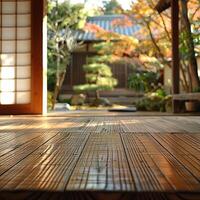 A peaceful Japanese garden framed by a traditional wooden floor and shoji screen, creating a serene and Zen atmosphere. photo